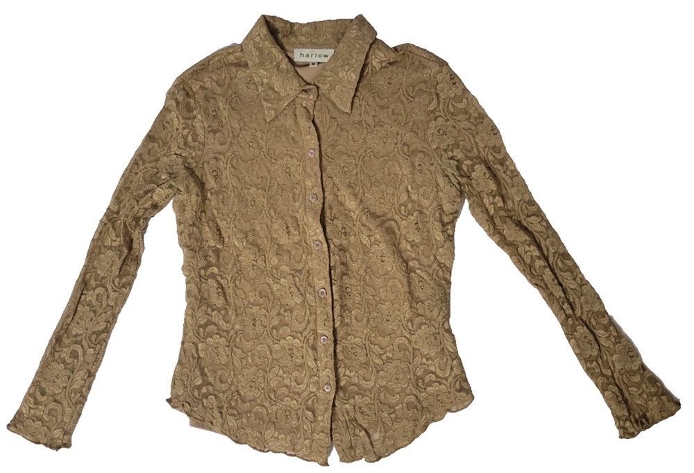 Harlow Womens M Tan Floral Lace Button Down Blouse Sheer Long Sleeve Y2K